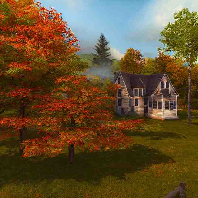 realistic wooden colonial new england house, maple tree in yard, large chimney, lights on inside, fall foliage, vermont mountain background, light cinematic, volumetric, realistic, cinematic lighting, ray tracing, unreal engine 5, octane render, hyper realistic, 8 k 