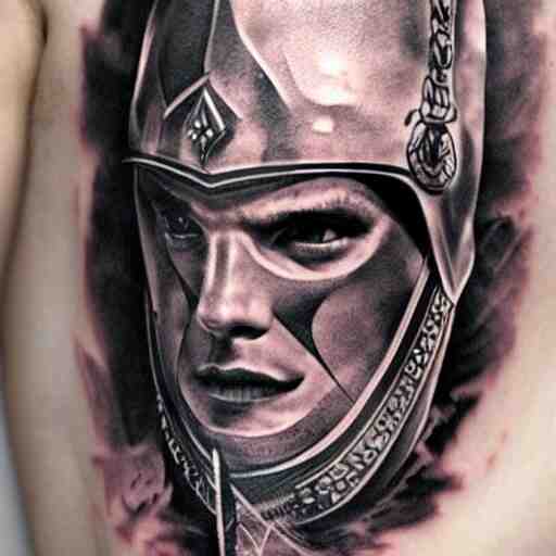 an up close gladiator with shield and sword, tattoo, tattoo art, Black and grey tattoo style,