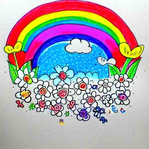 fun doodle characters, flowers, rainbows, toilet seats, drawn with a fineliner pen on a white paper 