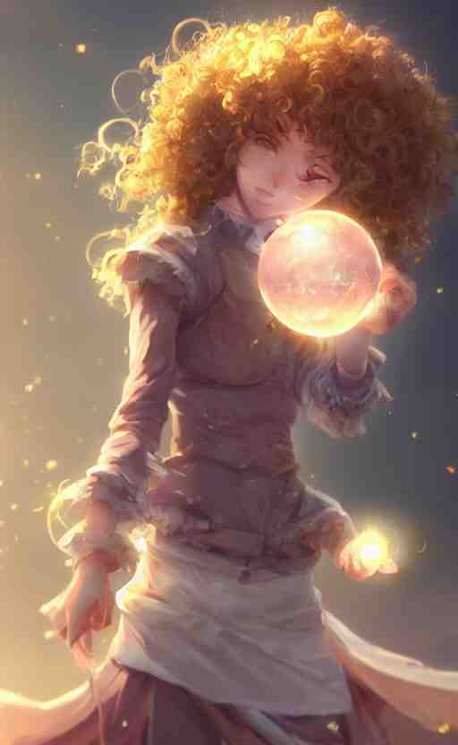 anime girl with curly hair holding a magical orb, WLOP, concept art, digital painting, trending on artstation, highly detailed, epic composition, 8k UHD