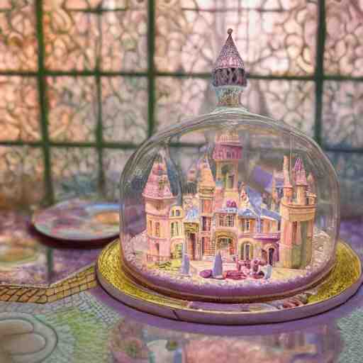 miniature tabletop castle under an ornate glass dome, by paulette tavormina and vermeer, intense pastel colors, hyper realistic, detailed, beautiful bright lighting 