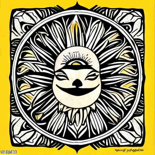 tattoo sketch on yellow paperp, polynesian style, sun hugging the cat, maori, ornament
