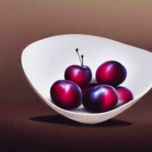 concept art drawing of a single thick porcelain bowl filled with a few moist freshly picked plums on a wooden table. volumetric lighting. small scale. artistic. top down. 