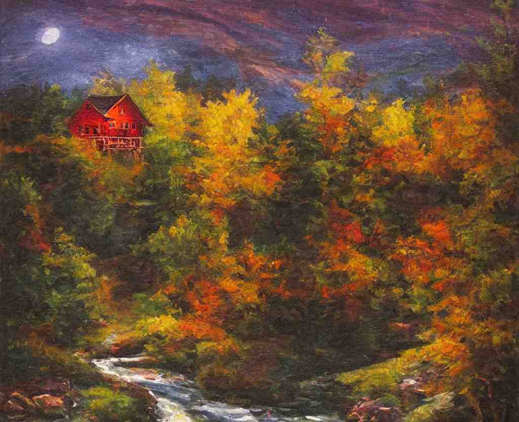 a river running past a cozy cabin in mountain side, night, heavy rain, colorful, classic painting, award winning, highly detailed 