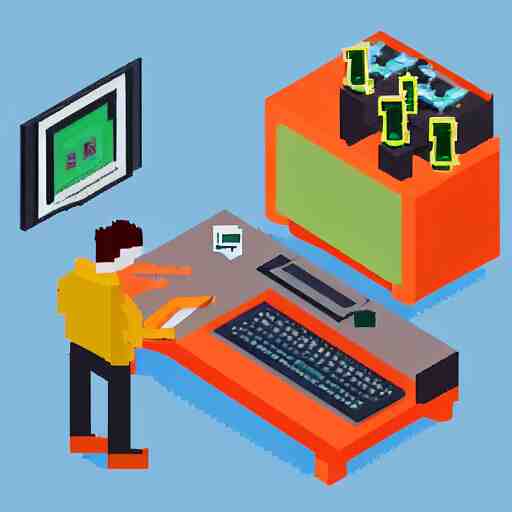 pixel art of programmer in front of his computer station, pixel art, detailed, ideal symmetry, perfect pixel alignment, isometric 8 k, 