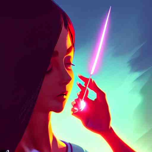 a woman holding a magic wand casting a spell, concept art by Ilya Kuvshinov, contest winner, fantasy art, official art, concept art, high detail, experimental, high quality, hyperrealistic, 4k