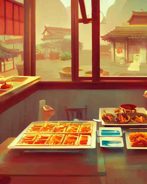 chinese buffet in a homely little restaurant, cory loftis, james gilleard, atey ghailan, makoto shinkai, goro fujita, studio ghibli, rim light, exquisite lighting, clear focus, very coherent, plain background, soft painting 