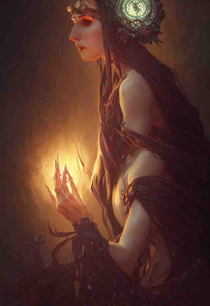 Necromancer Sorceress, fantasy magic, undercut hairstyle, dark light night, intricate, elegant, sharp focus, illustration, highly detailed, digital painting, concept art, matte, art by WLOP and Artgerm and Greg Rutkowski and Alphonse Mucha, masterpiece