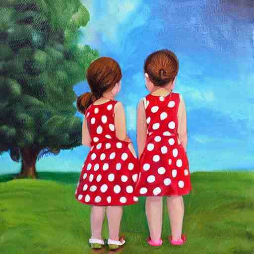 two little girls wearing polka dot dresses are smoking a big joint together behind the school building, realistic painting 