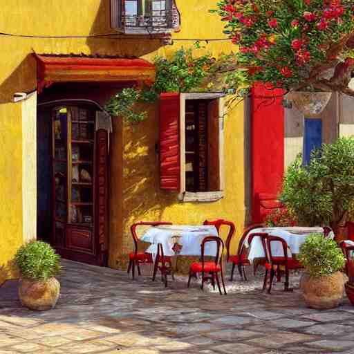a traditional pizzeria in the street of a small village on the riviera. a terrace in the shade of a hundred - year - old olive tree, a friendly atmosphere around pizzas and rose wine. dolce vita. unreal engine rendering, hyper realist, ultra detailed, oil painting, warm colors, happy, impressionism, da vinci, 