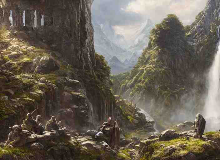 medieval adventurers in the shire scenery landscape, lord of the rings, enormous waterfall ruins, rule of thirds, highly detailed, perfect lighting, perfect composition, 4 k, artgerm, derek zabrocki, greg rutkowski 