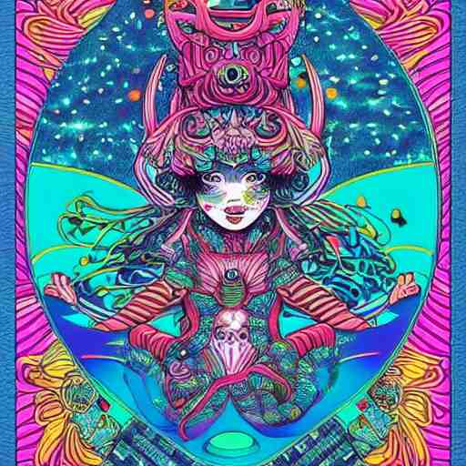 hatsune miki, intricate, amazing line work, cosmic, psychedelic, cheerful, colorful, tarot cards, the devil tarot card