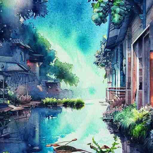 Beautiful happy picturesque charming sci-fi town in harmony with nature. Beautiful light. Water and plants. Nice colour scheme, soft warm colour. Beautiful detailed watercolor by Lurid. (2022)