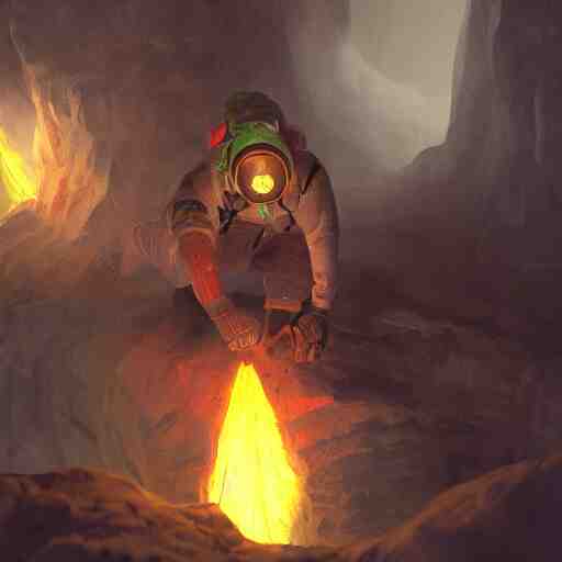 deep underground, an explorer holding up a torch finds a cursed gem. , concept art, trending on artstation 3D.