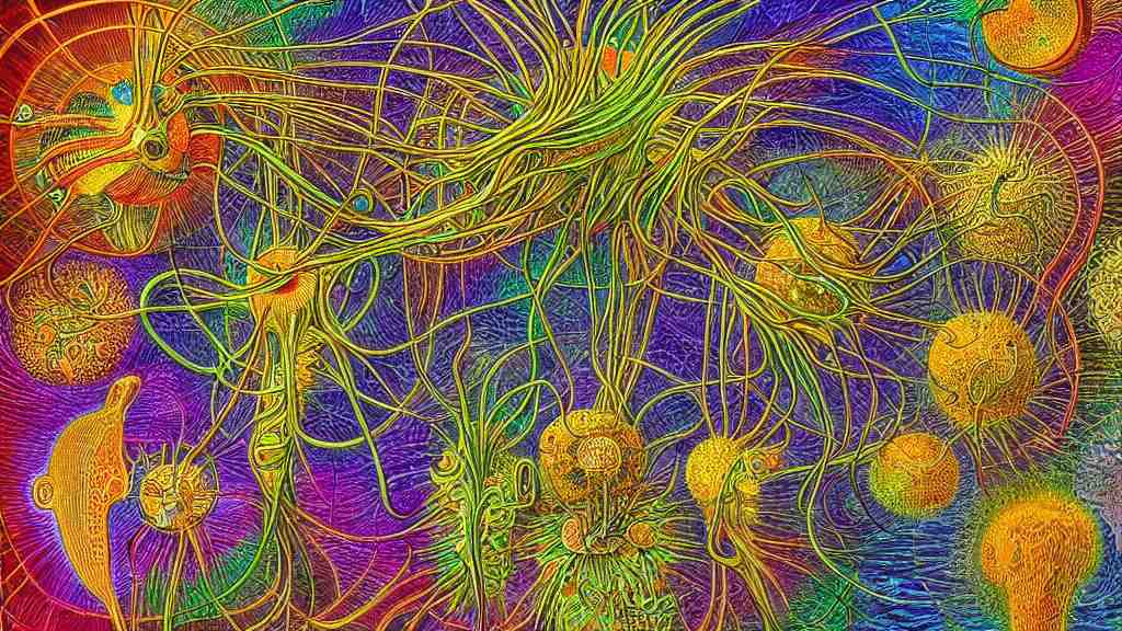 quantum connections represented as symbiotic organisms like cells playing around with colorful lights by ernst haeckel, smooth, sharp, realistic 