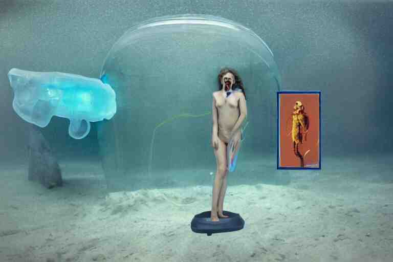 high-angle view of a Ukrainian lush female jellyfish human hybrid wearing vacuum tube amp roman armor and transparent amber neck guard with transparent digital number readout floating in front of face, sitting inside of an underwater airport terminal with a large submarines in the horizon silt rising from the seabed floor, filing cabinets in the sand, ektachrome color photograph, volumetric lighting, off-camera flash, 24mm f8 aperture