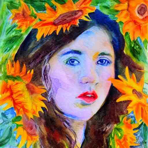 molly sanden, watercolor, in the style of claude monet, beautiful face, sunflowers, fall leaves red and orange, award winning, hd, 4 k, purple, blue 