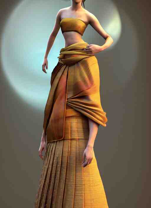 emma watson wearing finely pleated silk bihu mekhela strapless costume expertly draped goddess style dress by wlop, assamese gamosa pattern, face by daz 3 d genesis and artgerm concept art 3 d octane render cinema 4 d v ray, unreal engine, hyper realistic hdr fabric textures, ray traced, bright lit cinematic studio fashion photography, real life like, daz iray shaders 