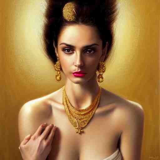 Facial portrait of a gorgeous girl, looking away from the camera, seductive smile, heavy gold jewellery, gold and diamond necklaces, elegant revealing intricate dress, sparkle in eyes, lips slightly parted, long flowing hair, no hands visible, delicate, teasing, arrogant, defiant, bored, mysterious, intricate, extremely detailed painting by Mark Brooks (and by Greg Rutkowski), visible brushstrokes, thick paint visible, no light reflecting off paint, vibrant colors, studio lighting