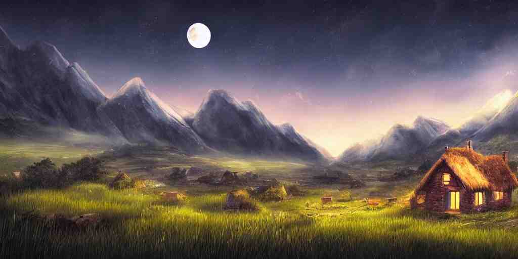 Grassy fields with large mountains in the distance, small cottage in the foreground, nighttime, moon in the night sky, landscape wallpaper, d&d art, fantasy, painted, 4k, high detail, sharp focus