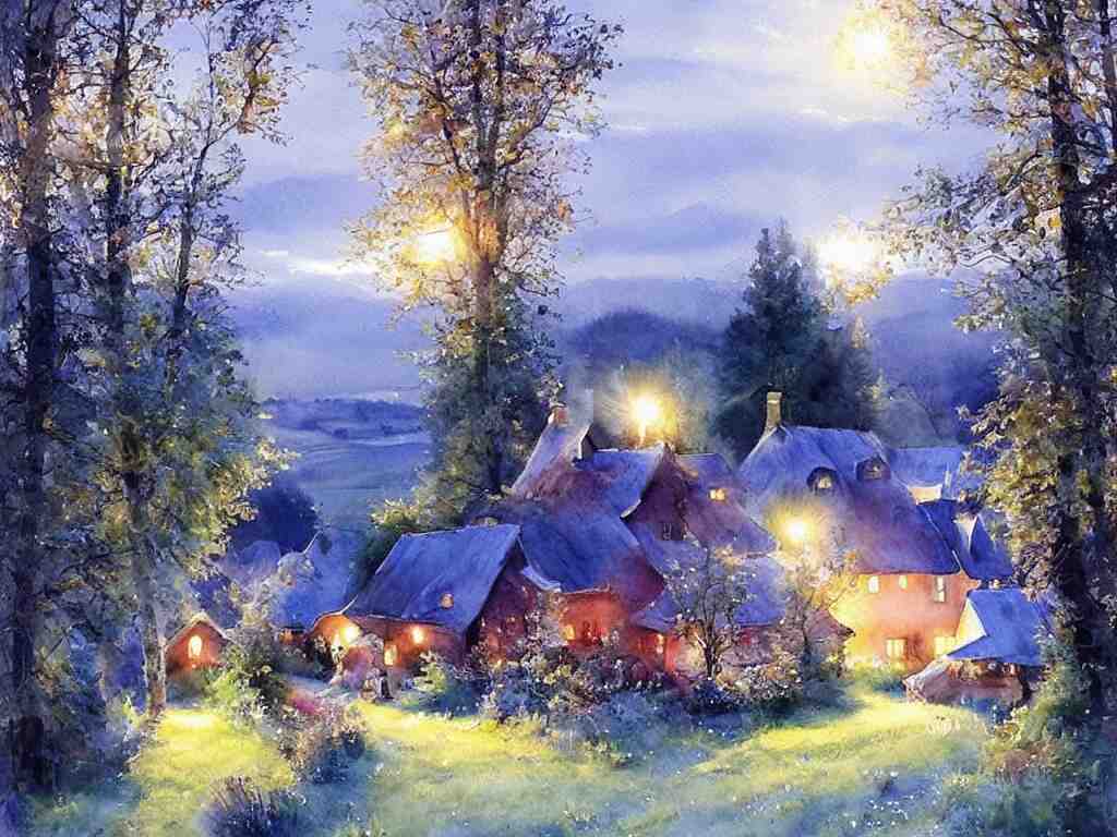 a beautiful night in the swedish countryside, watercolor painting by vladimir volegov 