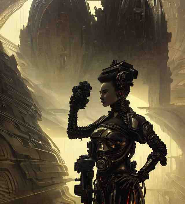 a baroque portrait of a retrofuturistic assassin in light surrounded by advanced architecture. minimalist dark wet architecture with some highly detailed science fiction details, rich colors, high contrast, moody dark background. trending on artstation an ultrafine hyperdetailed colorfull illustration by greg rutkowski, kim jung gi, moebius, irakli nadar, alphonse mucha, ayami kojima, amano, greg hildebrandt, syd mead and mark brooks, female, feminine, art deco, new baroque, intricate linework, colors by frank frazetta 