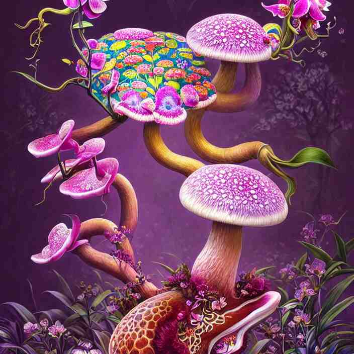 extremely psychedelic animal made of orchid and cherry blossom tree and mushroom, LSD, diffuse lighting, fantasy, intricate, elegant, highly detailed, lifelike, photorealistic, digital painting, artstation, illustration, concept art, smooth, sharp focus, art by John Collier and Albert Aublet and Krenz Cushart and Artem Demura and Alphonse Mucha