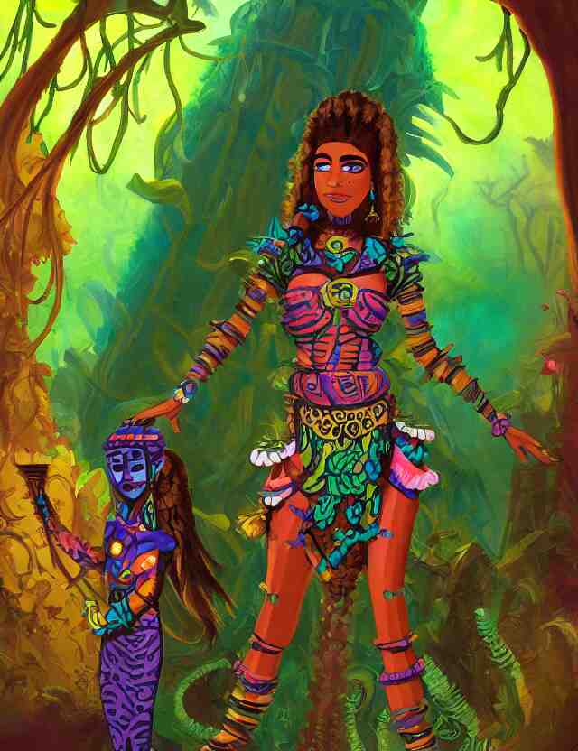 aztec scifi princess of the fungus rainforest, wearing a lovely dress. this oil painting by the beloved children's comic artist has an interesting color scheme and impeccable lighting. 