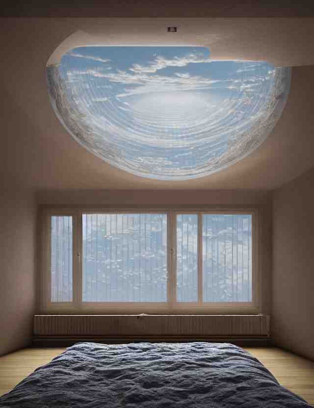 an ultra wide angle photo of a floating bed hovering above the floor in the middle of a giant tesselating bedroom with windows opening to other worlds by casey weldon and lee madgewick and m. c. escher, photorealistic, octane render, recursive!!!!, flowing, cascading, multiverse!!!!!!, labyrinthine 