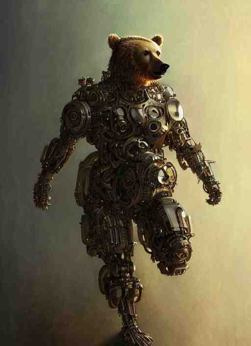 organic cyborg bear, full body, diffuse lighting, fantasy, intricate, elegant, highly detailed, lifelike, photorealistic, digital painting, artstation, illustration, concept art, smooth, sharp focus, art by John Collier and Albert Aublet and Krenz Cushart and Artem Demura and Alphonse Mucha