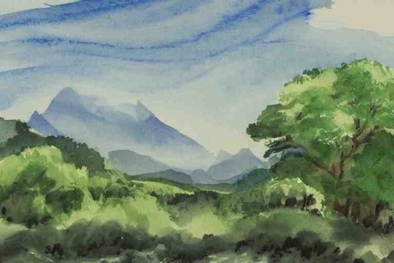 green landscape with trees and mountains in the distance, watercolor 