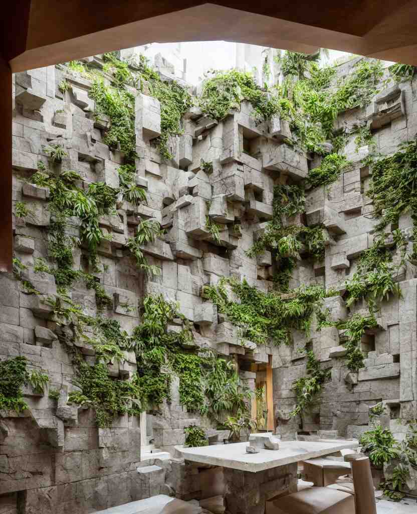 a stunning interior of a split - level villa with a swimming pool, intricately stacked and iteratively interlocked stone blocks in the style of ennis house, extremely coherent, fusion of frank lloyd wright and carlo scarpa, people are sitting at a table eating dinner, plants and moss and ivy growing on the stones, indoor picture, long shot, architectural photography 