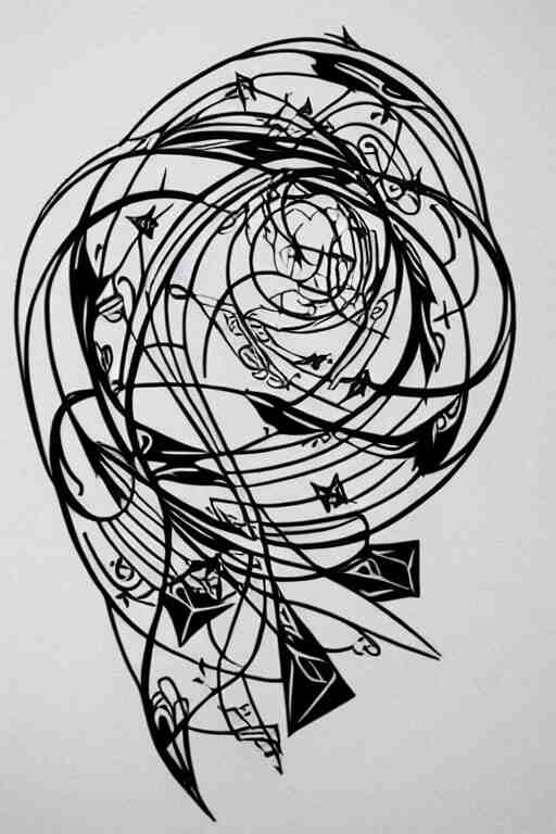 a beautiful tattoo design of minimalist flying swallows, flying into geometric spirals, black ink, abstract logo, line art 