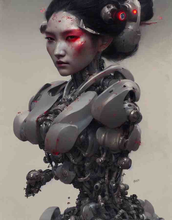 portrait of a geisha robot by greg rutkowski and ruan jia, mecha, washed colors, dark, gloomy, matte painting, unreal engine 5