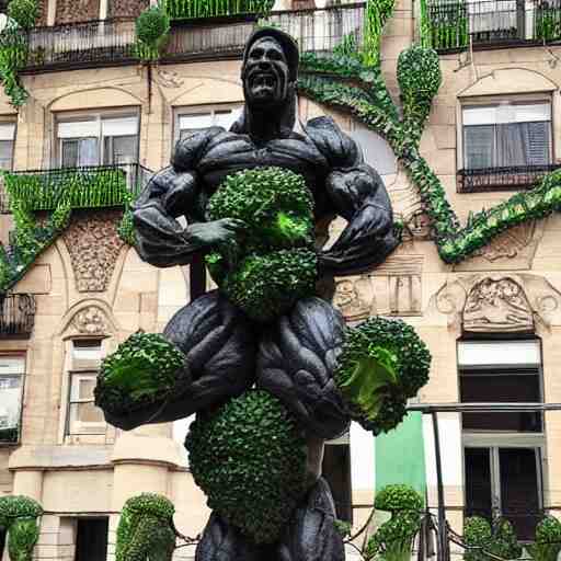 sculpture of a bodybuilder made entirely from fresh broccoli by antoni gaudi 