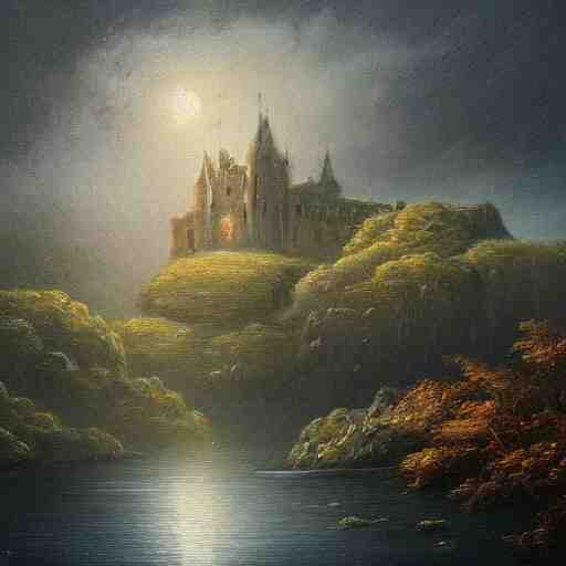 an ultra detailed painting of a mysterious misty lagoon at night, far away behind it is a cliff with a dark castle on top of it with a few windows lit, dark forests surrounding, twilight, highly detailed, fantasy, realistic 