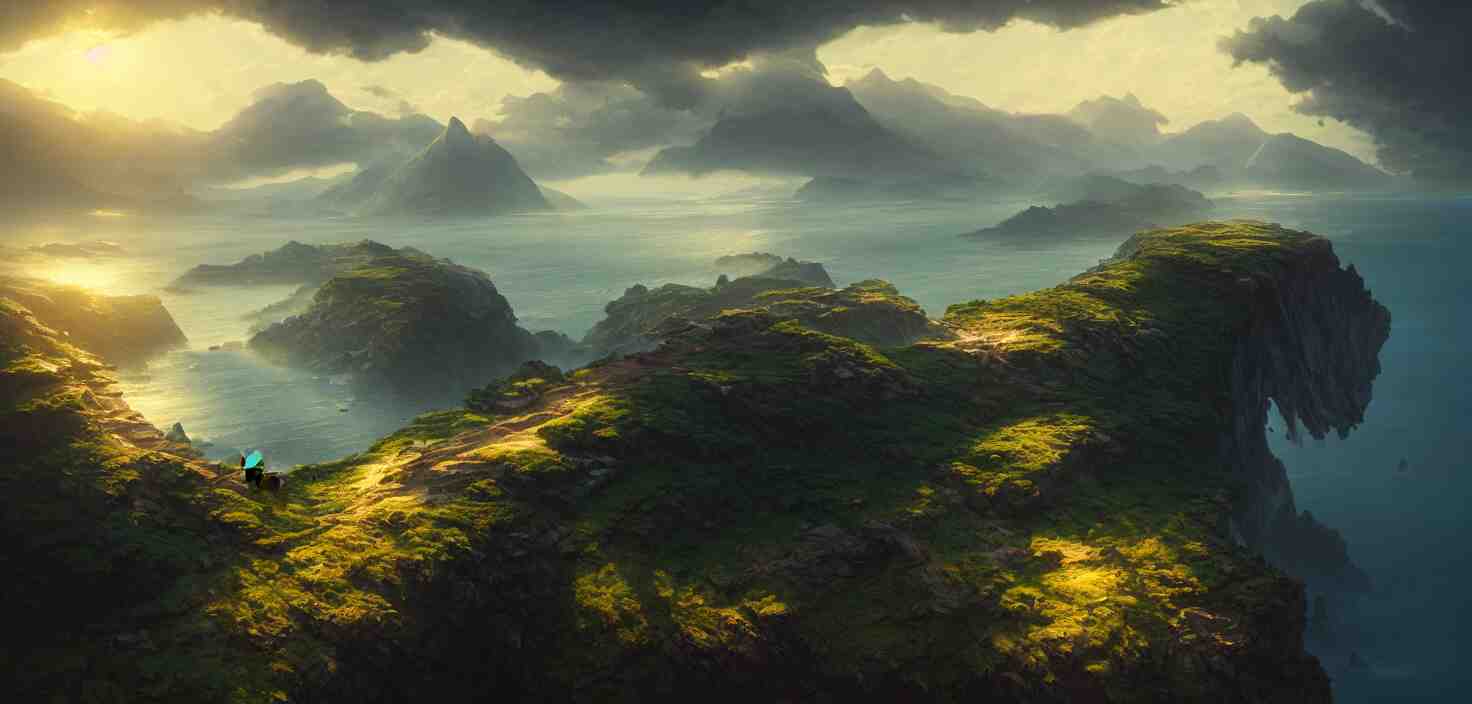 nature landscape, aerial view, drone photography, cinematic, mountains and ocean, cinematic view, epic sky, detailed, concept art, high detail, warm lighting, volumetric, godrays, vivid, beautiful, trending on artstation, by jordan grimmer, art greg rutkowski 