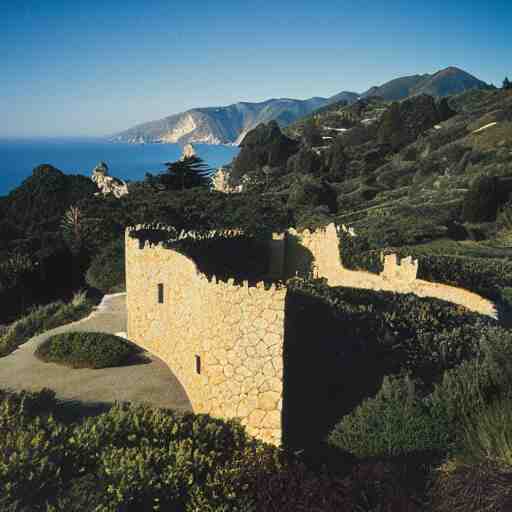 castle designed by renzo piano overlooking big sur. landscape design by andre le notre. fujinon premista 1 9 - 4 5 mm t 2. 9. portra 8 0 0. w 1 0 8 8 