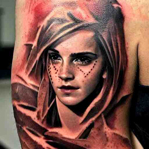 man with tattoo of emma watson on arm back by greg rutkowski