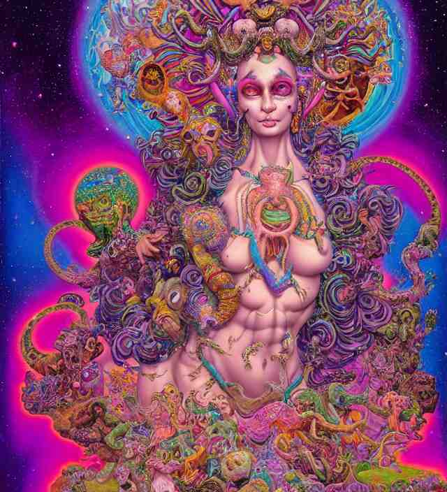 lisa frank inspired blotter acid fantasy character portrait of fertility goddess, ultra realistic, wide angle, intricate details, dharma artifacts, aum, highly detailed by hr giger, peter mohrbacher, wayne barlowe, boris vallejo, hajime sorayama aaron horkey, gaston bussiere, craig mullins 