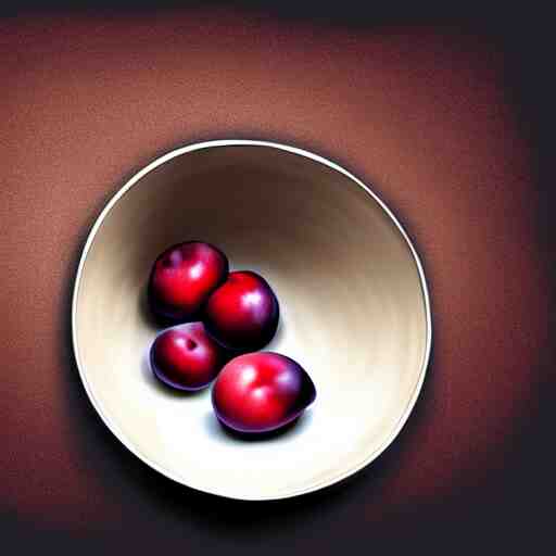 concept art drawing of a single thick porcelain bowl filled with a few moist freshly picked plums on a wooden table. volumetric lighting. small scale. artistic. top down. 