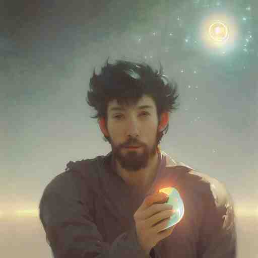 A man drinking a cup of cosmic energy bright light, illustration by Ruan Jia and Mandy Jurgens and William-Adolphe Bouguereau, Artgerm, 4k, digital art, surreal, anime style, space dandy style, highly detailed, godsend, artstation, digital painting, concept art, smooth, sharp focus, illustration by Ruan Jia and Mandy Jurgens and William-Adolphe Bouguereau, Artgerm