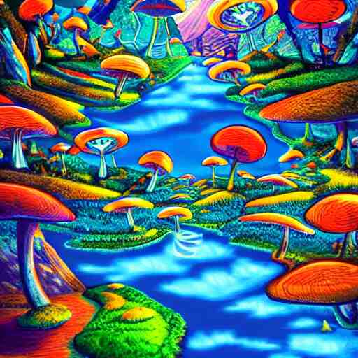 psychedelic mushroom kingdom, dmt, landscape, river, trending on artstation, detailed, realistic, photo