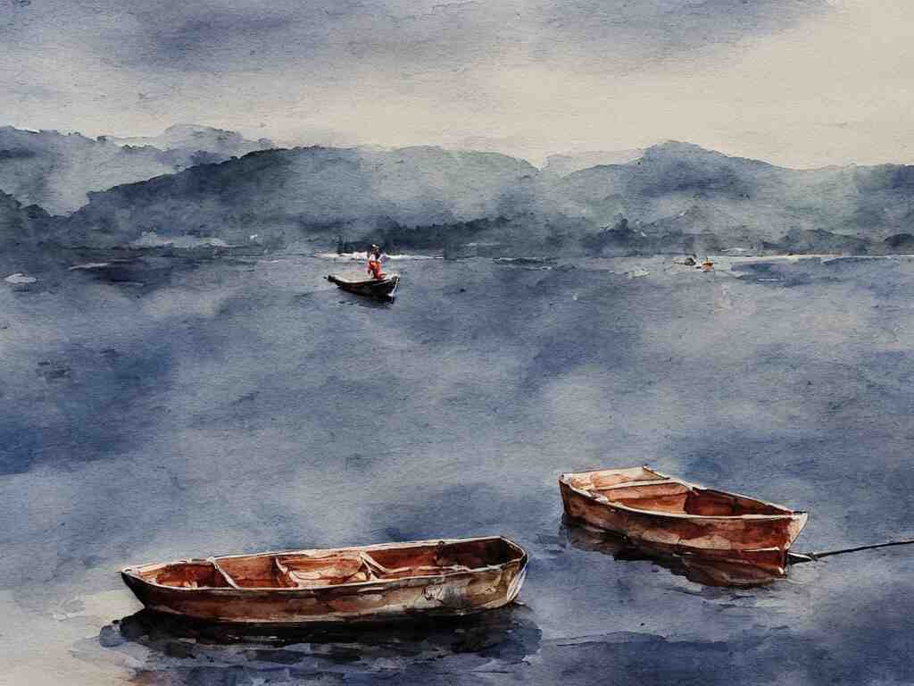 a boat is parked on the lake, there is only one person on the boat fishing, cinematic landscape ， natural light, ink painting 