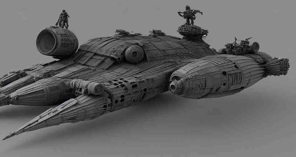highly detailed cinematic scifi render of 3 d sculpt of fury road spaceship, guardians of the galaxy, star wars, maschinen krieger, raphael lecoste 