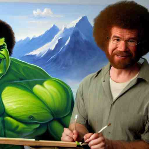 a closeup photorealistic photograph of bob ross working on a canvas painting of hulk. film still. brightly lit scene. mountains and trees. this 4 k hd image is trending on artstation, featured on behance, well - rendered, extra crisp, features intricate detail, epic composition and the style of unreal engine. 