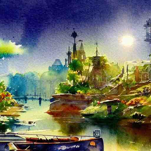 Beautiful happy picturesque charming sci-fi town in harmony with nature. Beautiful light. Water and plants. Nice colour scheme, soft warm colour. Beautiful detailed artistic watercolor by Vincent. (2022)