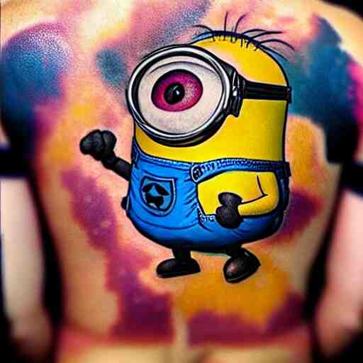 tattoo of minion on female back, epic, colorful, beautiful, intricate detail