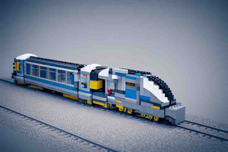 futuristic train made out of Lego, octane render, white, grey and blue, studio light, 35mm,