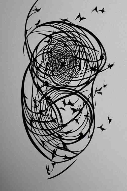 a beautiful tattoo design of minimalist swallows flying across geometric spirals, black ink, abstract logo, line art, vector graphics 